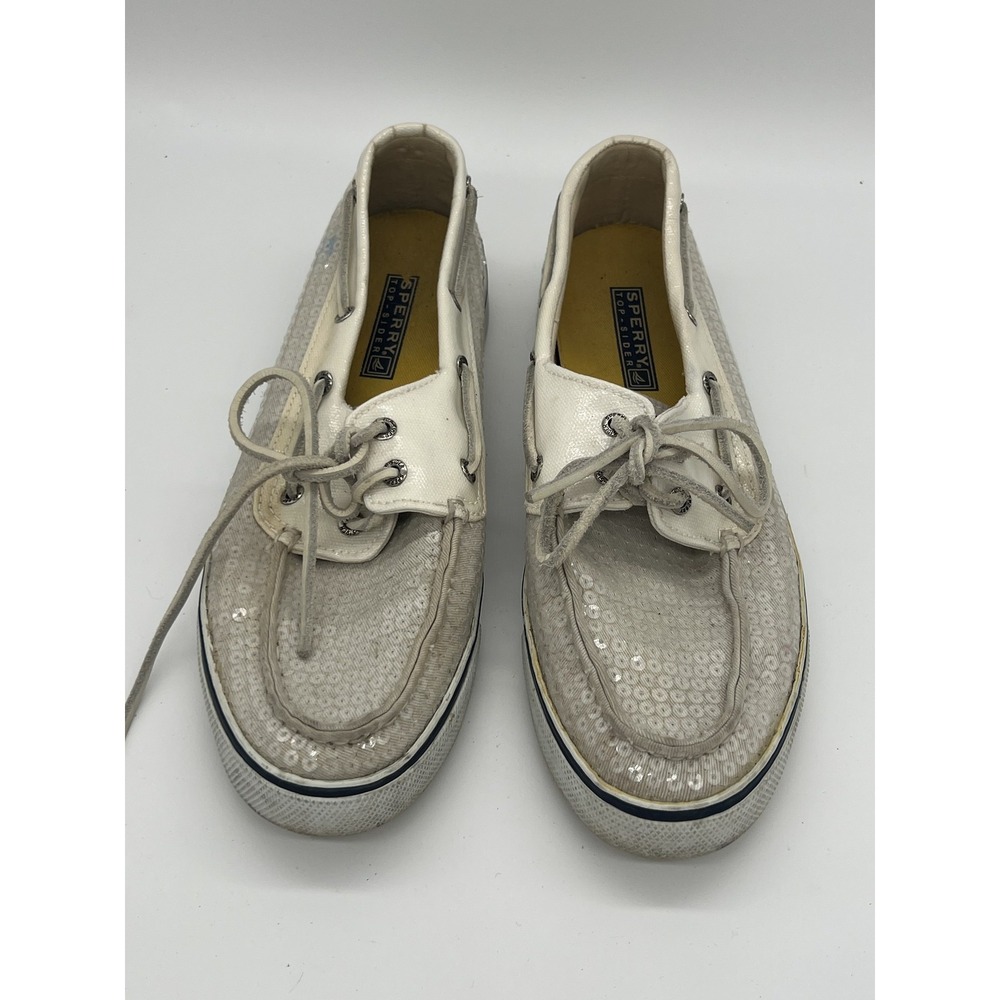 Sperry Top-Sider Women's 8.5M Sequin Boat Shoes Off-White Silver‎ Flats Slip On